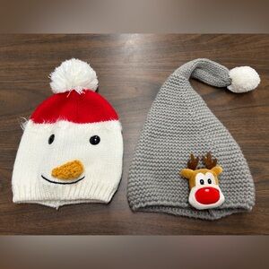 Preowned Festive Snowman and Reindeer Toddler Winter Hat Set